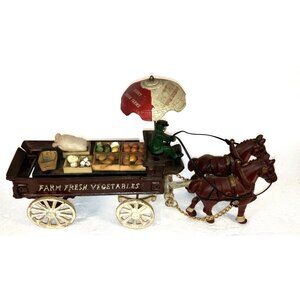 Vtg Cast Iron Fresh Fruits & Vegetables Wagon w/Horses, Crates, Burlap Sacks 14"